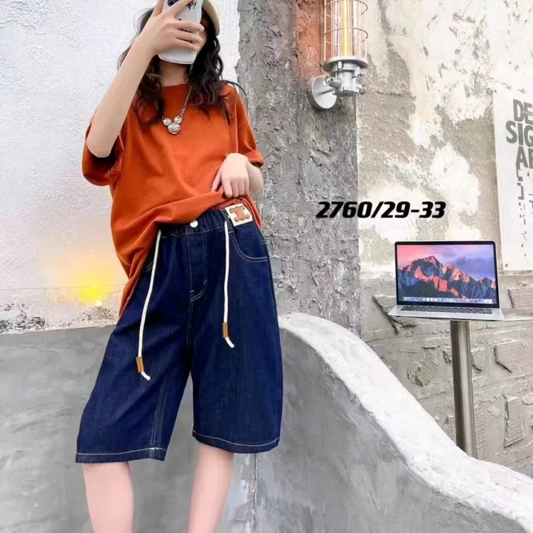 女童深蓝色牛仔中裤夏款韩版防褪色工艺牛仔裤浓郁童时尚休闲裤子