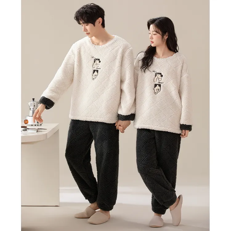 法兰绒睡衣女春秋长袖情侣加厚套装新款秋冬珊瑚绒保暖家居服男士