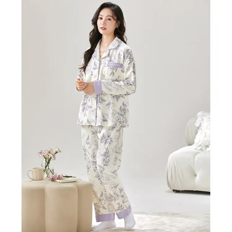 MJL睡衣女长袖长裤秋冬季翻领两件套可外穿休闲纽扣时尚家居服女