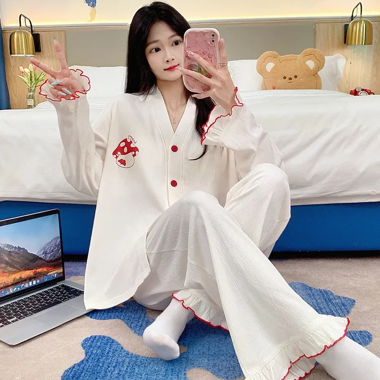 YNE睡衣女长袖长裤秋冬季V领两件套可外穿带胸垫前扣时尚家居服女