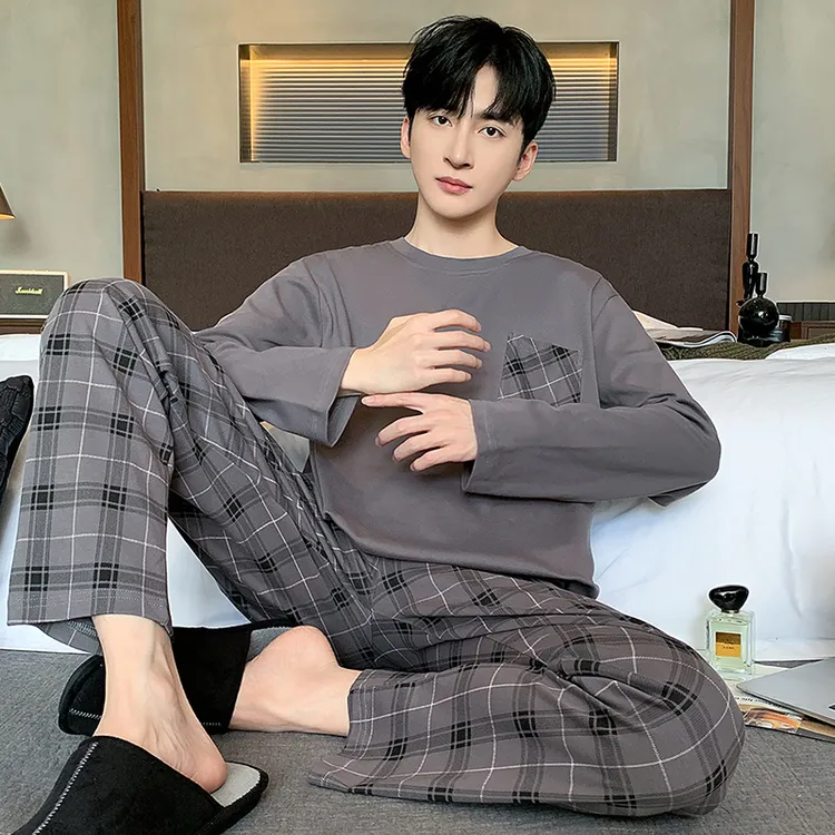 睡衣男士秋冬季休闲爽肤宽松青年长袖100%纯棉少年长裤家居服男生