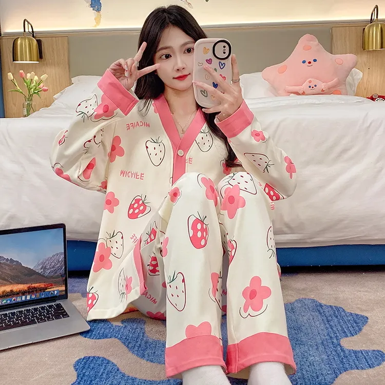 MJL睡衣女长袖长裤秋冬季V领两件套可外穿带胸垫前扣时尚家居服女