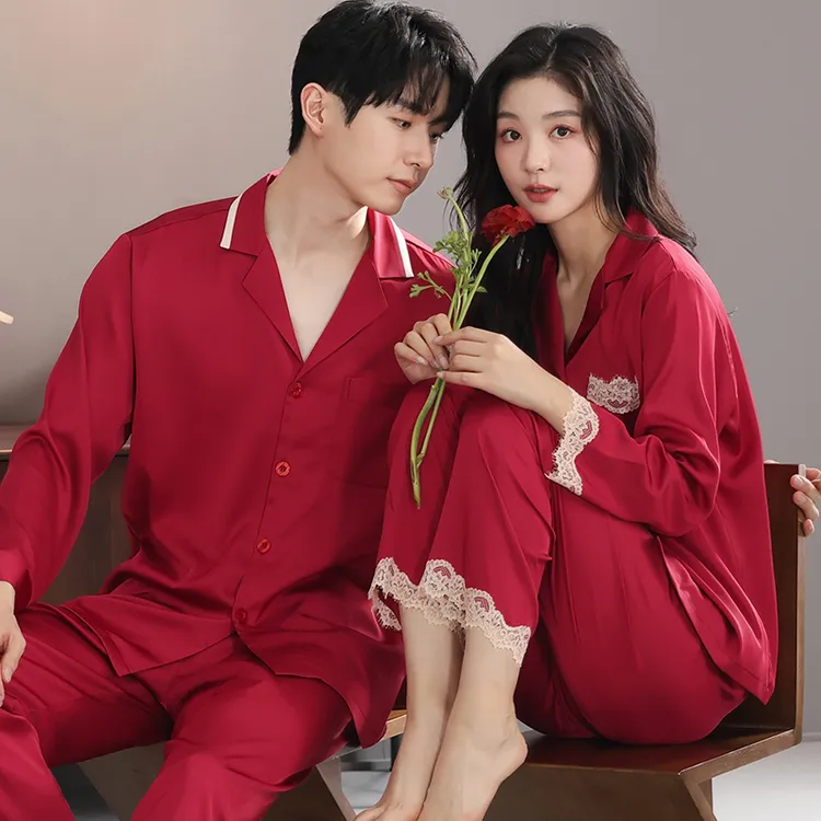 情侣睡衣春秋款冰丝女长袖红色新婚本命年高级感男士家居服套装夏
