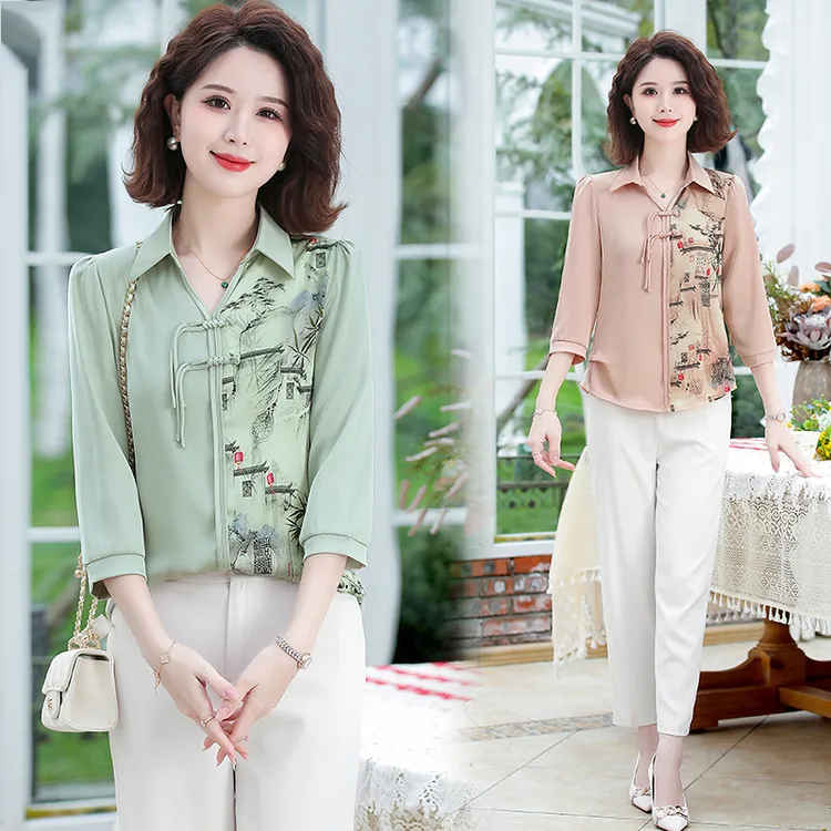 妈妈春季时尚七分袖气质小衫中老年女装洋气百搭舒适翻领春夏上衣