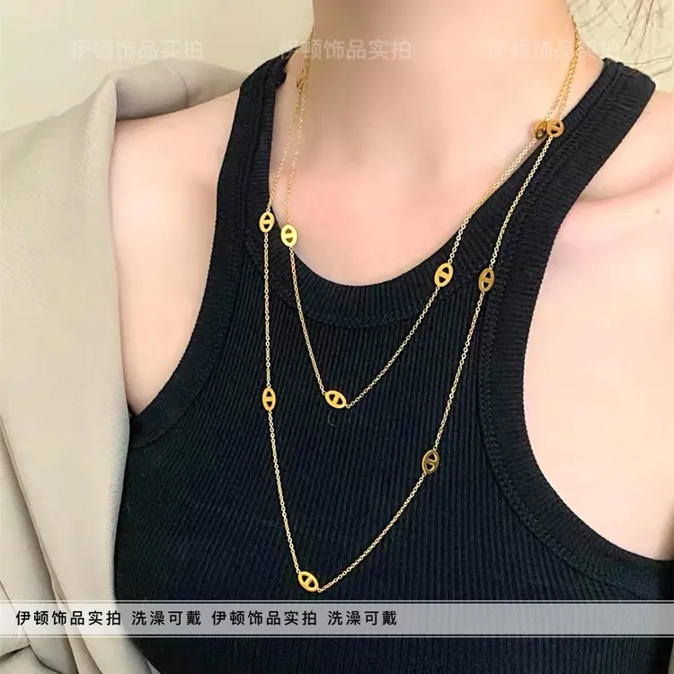 钛钢项链 【钛钢不掉色】轻奢超长款猪鼻子项链可多种佩戴法毛衣链