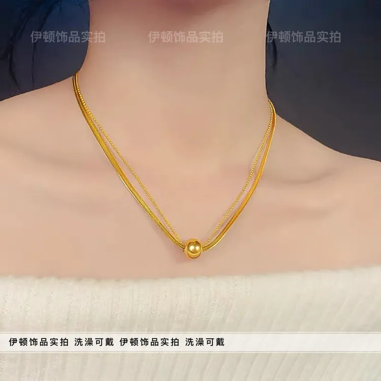 钛钢项链 【钛钢不掉色】小众新款双层蛇骨链珠珠链单颗圆珠项链