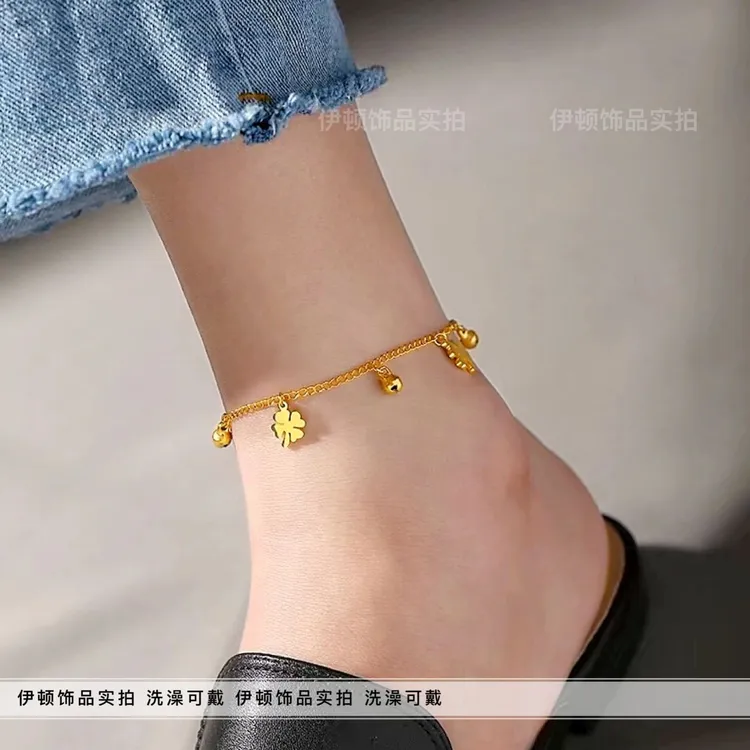 钛钢脚链 【洗澡不用摘】新款小众设计中国风幸运四叶草铃铛 脚饰