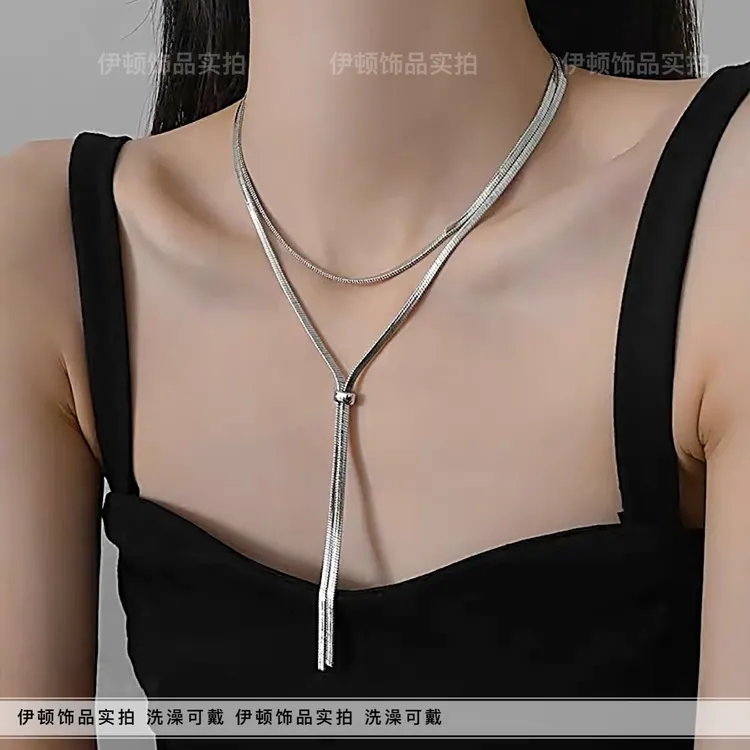 钛钢项链 【钛钢不掉色】秋冬简约长款抽拉式扁蛇骨链毛衣链可调节