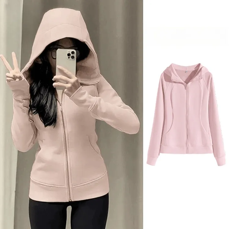 粉色修身连帽卫衣外套女2025春季新款收腰显瘦潮流上衣