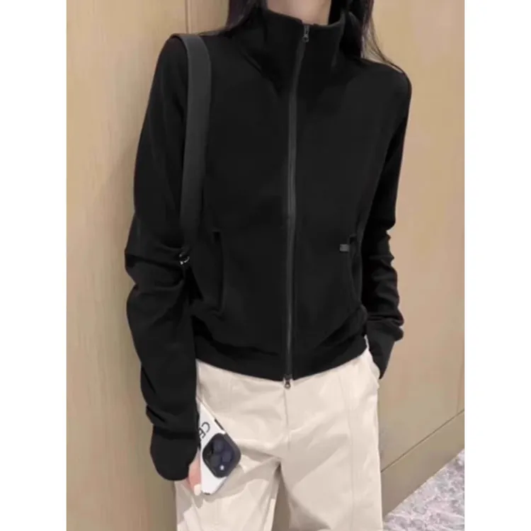 立领卫衣外套女2025春季新款设计感美式修身短款黑色开衫拉链上衣