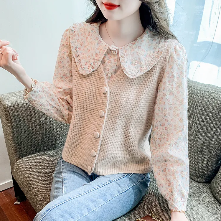 早秋娃娃领上衣碎花长袖衬衫女洋气百搭针织马甲两件套2025年新款