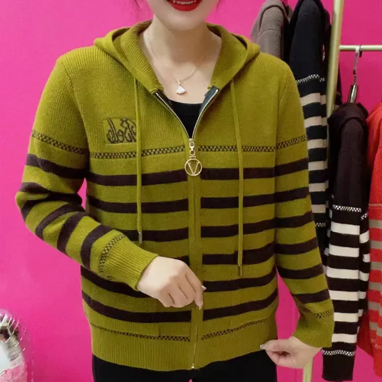 妈妈装秋季新款针织帽衫女长袖百搭宽松拉链开衫上衣休闲薄款外套