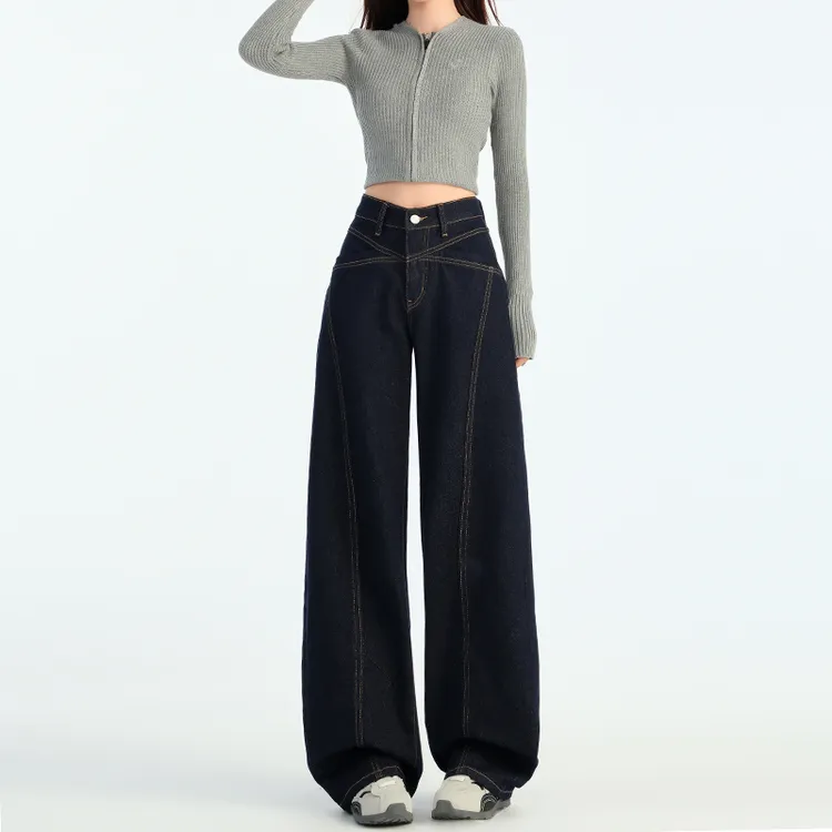 深蓝色拼接弯刀阔腿牛仔裤女秋冬2025新款高腰显瘦宽松镰刀香蕉裤