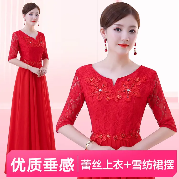 新款合唱服长裙礼服成人合唱团演出服女年会主持人红色中袖连衣裙