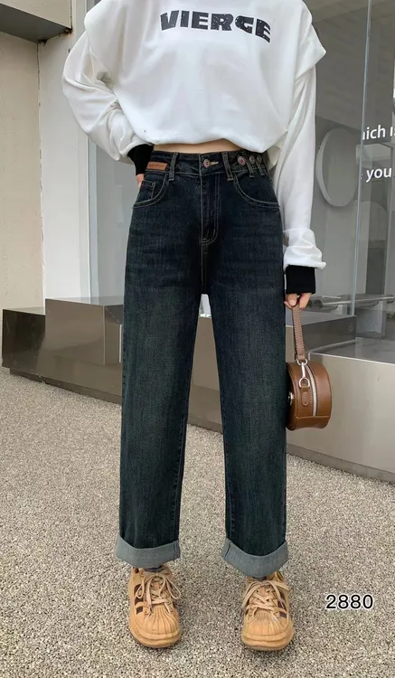 HGE2880秋宽松直筒牛仔裤女老爹裤水泥色时尚高腰男友裤子