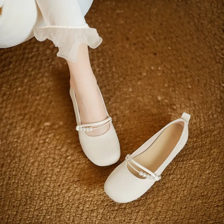 玛丽珍珍珠夏季白色软皮新款百搭浅口气质软底爆款平底鞋鞋子单鞋