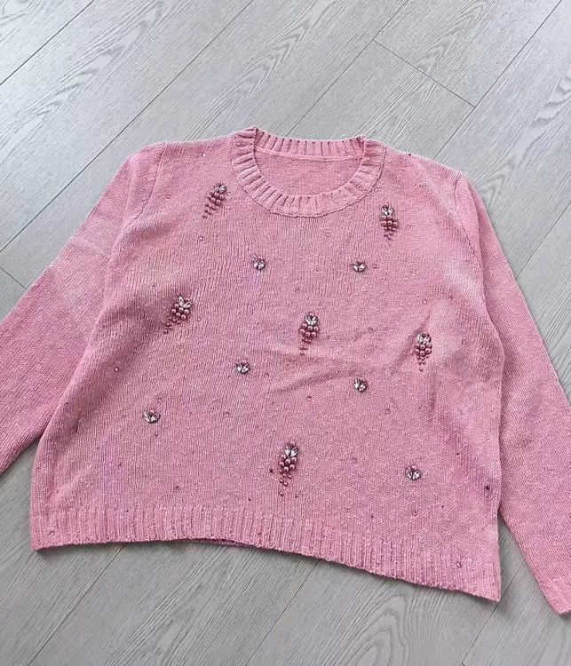 冰曲亮钻珍珠圆领针织衫