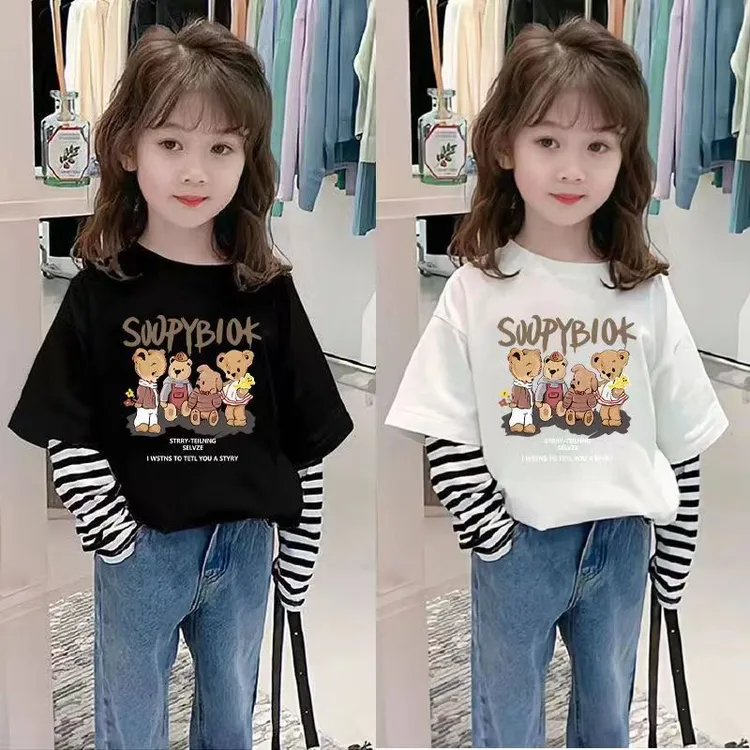 秋季假两件长袖女童春装女宝宝条纹儿童打底衫儿童节女孩洋气