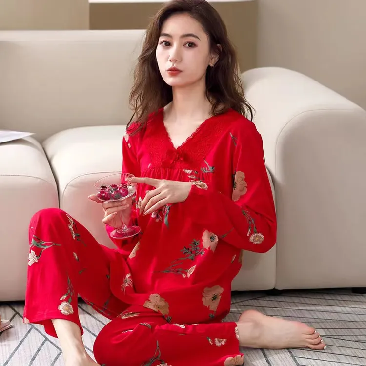 2024春秋季新款睡衣女V领长袖红色印花款宽松大码家居服春秋