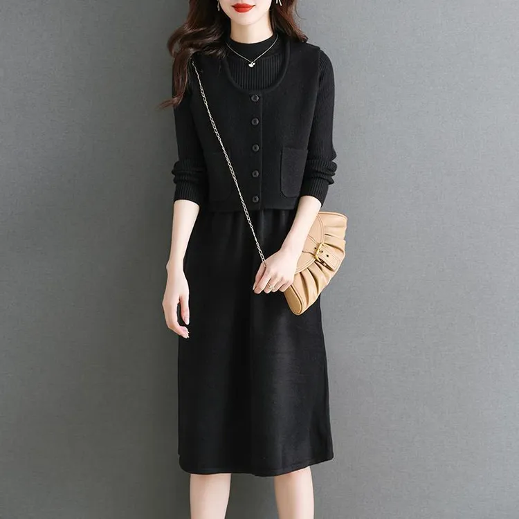 秋冬连衣裙两件套女2024新款气质高级感打底毛衣裙马甲针织套装裙