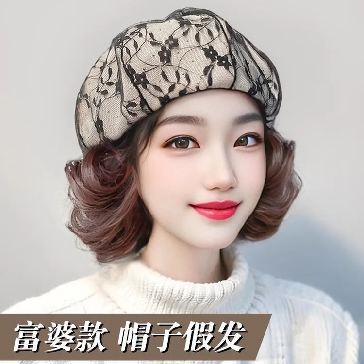 假发一体贝雷帽女四季款显脸小蕾丝满钻八角帽翻翘假发透气新款潮