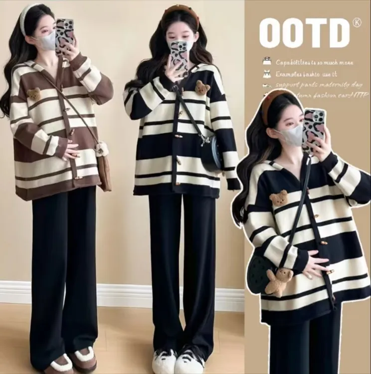2025孕妇秋装套装时尚长袖条纹外套宽松遮肚孕妇上衣两件套显瘦潮