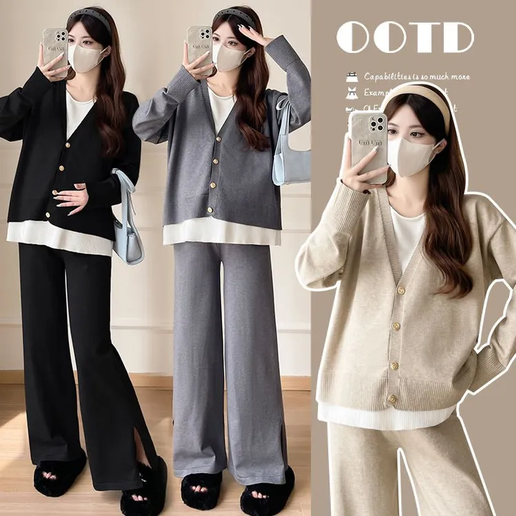 孕妇套装秋冬新款网红时尚温柔风针织毛衣直筒裤休闲外穿两件套