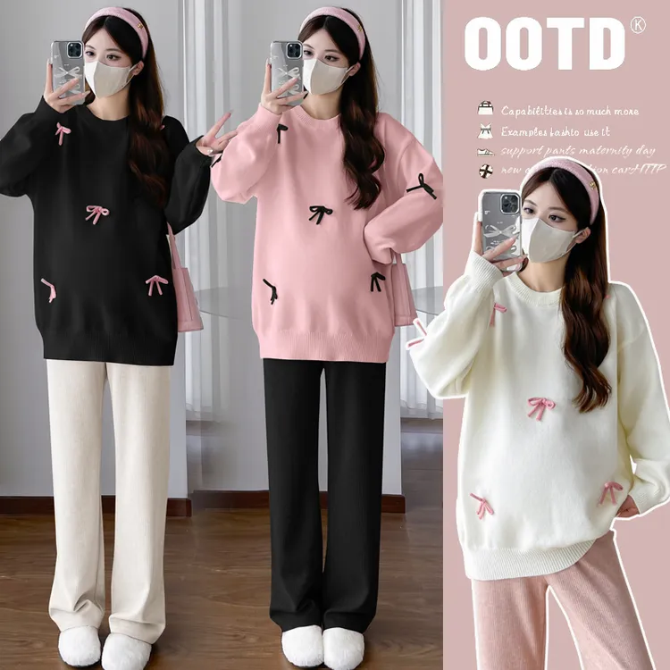 2025孕妇毛衣秋冬季新款蝴蝶结加厚时尚宽松套头外穿孕妇毛衣女