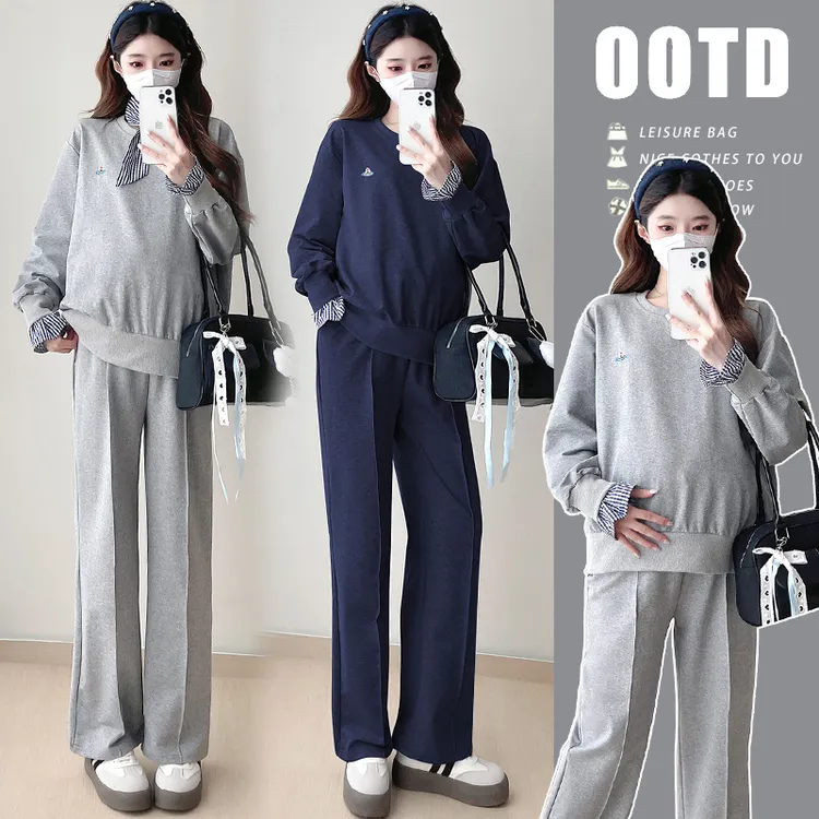 2025孕妇套装宽松休闲上衣长袖半身裙套装时尚阔腿长裤孕妇两件套