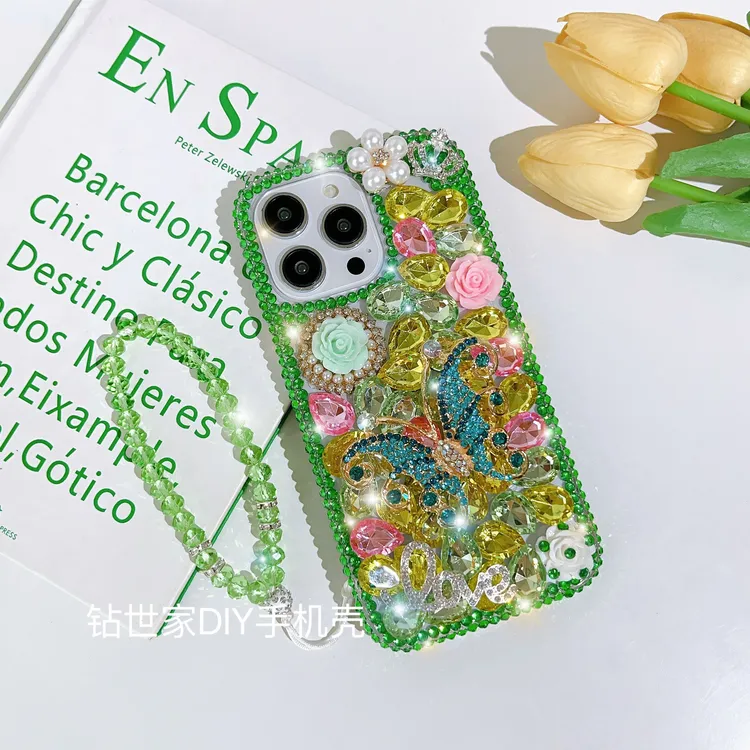适用苹果15/华为/vivo/OPPO 炫彩蝴蝶满钻手机壳手工网红女款奢华