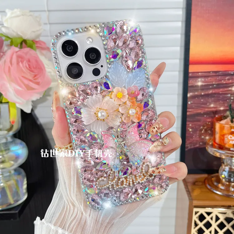 适用于苹果17/华为/vivo/OPPO蝶恋花手工网红钻石女款创意手机壳