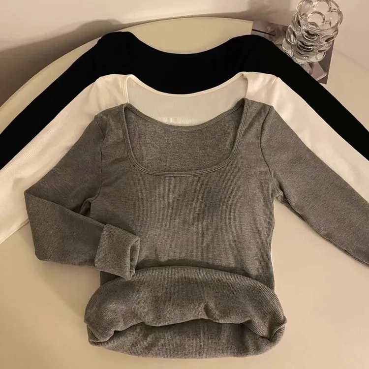 白色打底衫方领正肩T恤女秋冬新款修身显瘦简约长袖带胸垫上衣