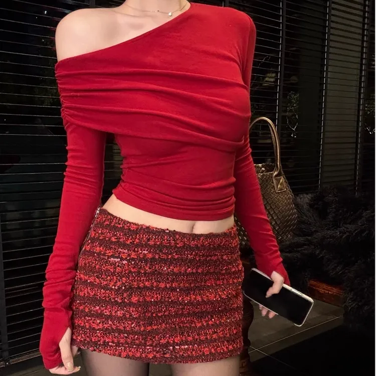 早秋穿搭~红色套装裙女纯欲斜肩长袖上衣亮片半身裙子一整套