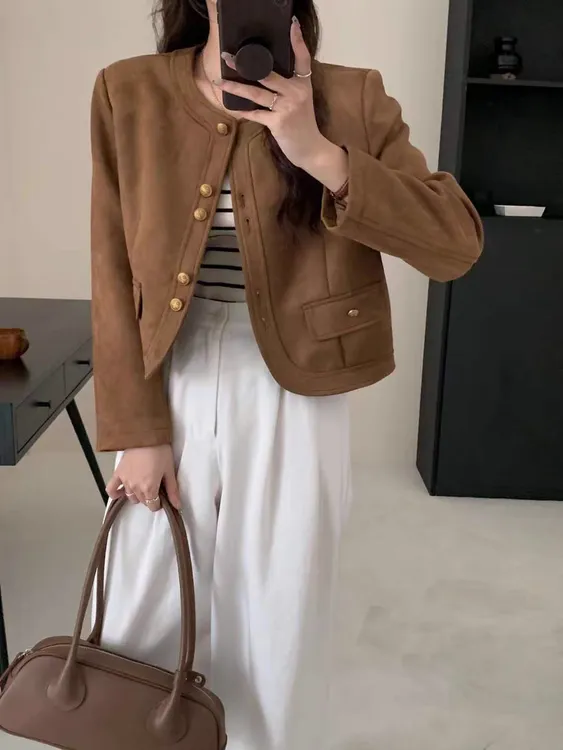 洋气麂皮绒短外套女2025年春秋季新款高级感短款夹克百搭显瘦上衣
