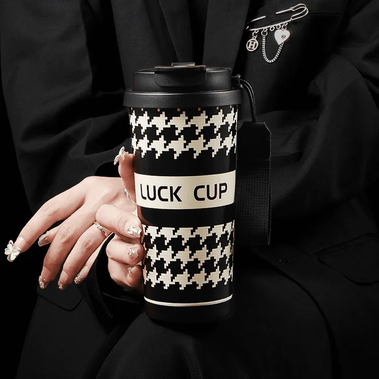 奇古堂千鸟格小香风轻奢高颜值高档保温杯便携吸管保冷冰霸水杯子