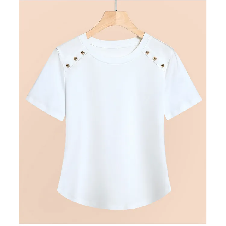 夏季女装短袖t恤2024白色简约肩章设计感品质丝光棉凉感百搭衣服