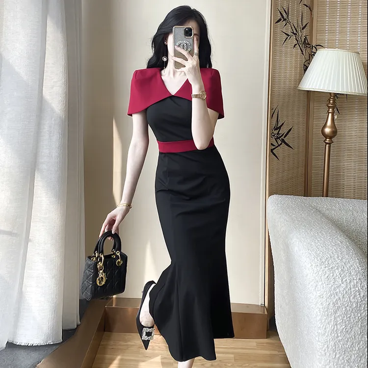 高档女士修身包臀裙精致设计感法式鱼尾连衣裙时尚晚礼服长裙年会