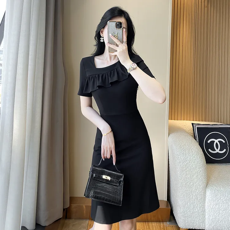 高端上档次女装连衣裙黑色夏季新款法式赫本风修身短裙子气质显瘦