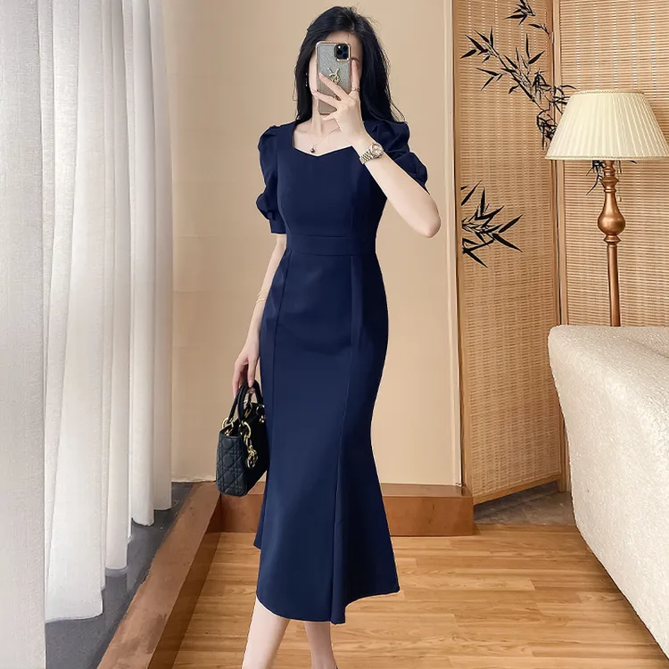 高级感法式优雅长裙女夏季新款高档次女装气质修身显瘦鱼尾连衣裙