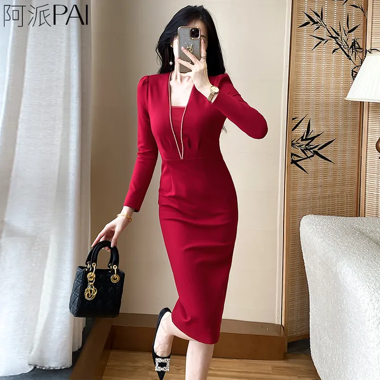 上档次女士宴会婚礼连衣裙高级感长袖秋装气质红色中长修身包臀裙