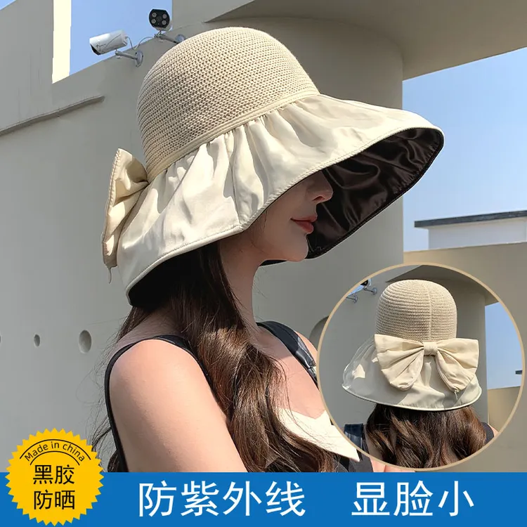 【夏季防晒必备】黑胶蝴蝶结遮阳帽防紫外线大檐遮脸显脸小渔夫帽