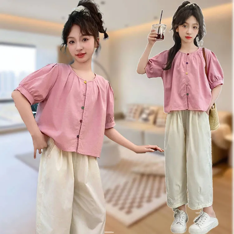 女童短袖泡泡袖套装夏季2025新款儿童装洋气时髦女大童九分裤夏装