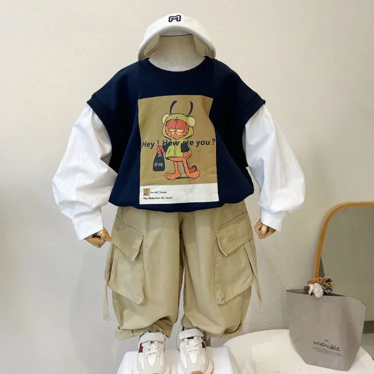 儿童春装套装2024韩范新款男童宝宝洋气帅气时髦卫衣百搭工装裤