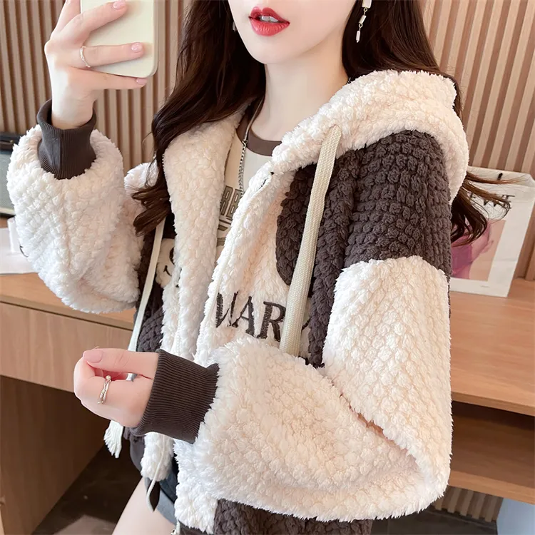 小个子撞色羊羔绒卫衣女冬季新款韩版宽松加绒加厚连帽开衫外套潮
