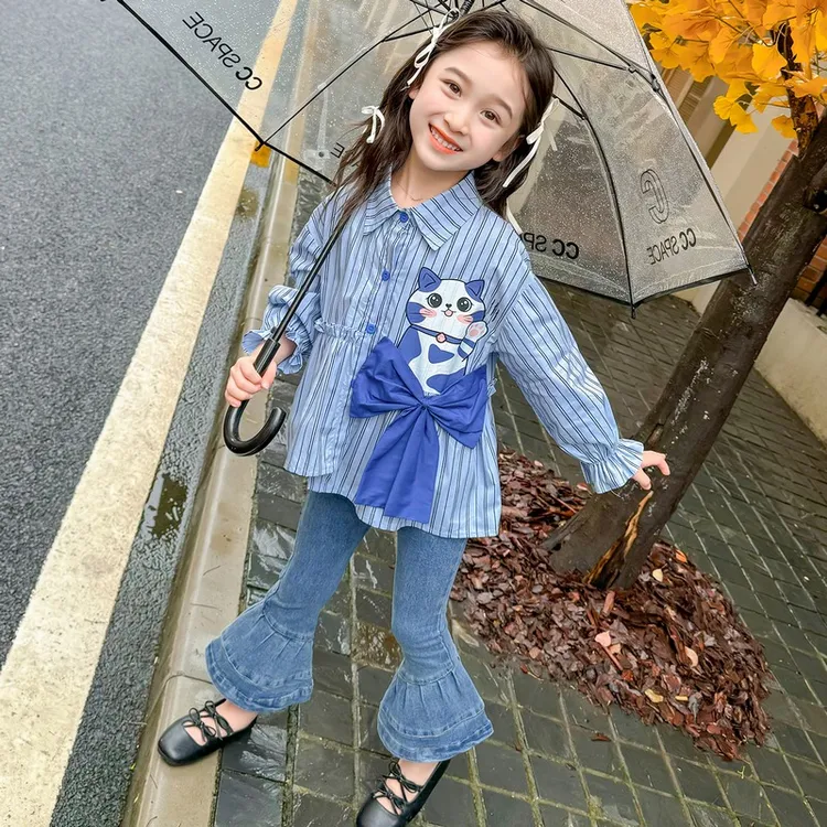 女童韩版不规则衬衫春秋套装儿童装牛仔喇叭裤两件套2024新款秋装