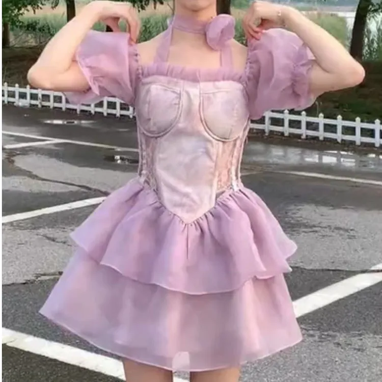 紫色泡泡袖连衣裙女夏季法式高级感气质仙女蓬蓬裙收腰小个子短裙