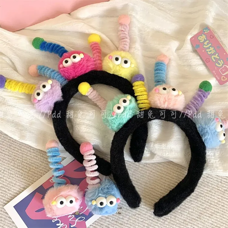 高颜值diy大眼萌仔扭扭棒黑皮毛绒发箍萌趣搞怪毛绒煤球发夹发饰