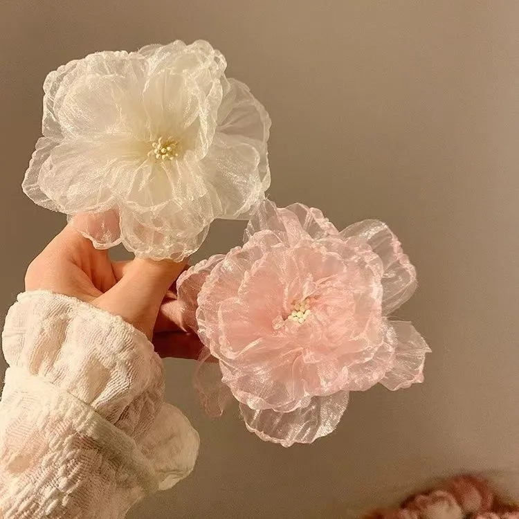 清冷感~超仙网纱白色花朵发夹女刘海侧边夹发饰春夏发卡海边头饰