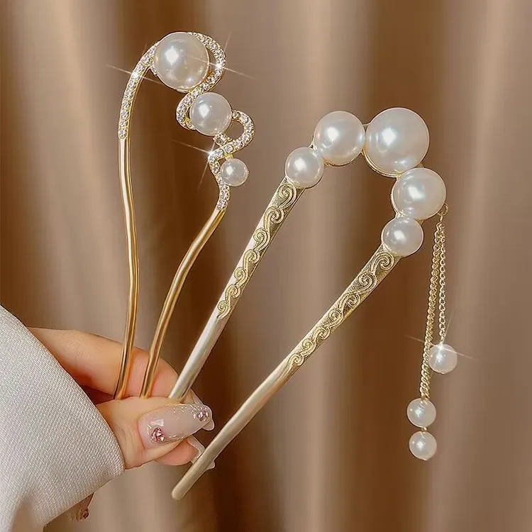 发簪2024年新款爆款U型发衩~新中式珠珠古风发钗盘发神器气质头饰