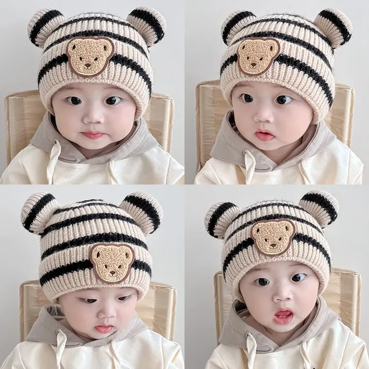 婴儿帽子冬季男宝宝婴幼儿超萌条纹熊毛线帽秋冬款新生儿童针织帽